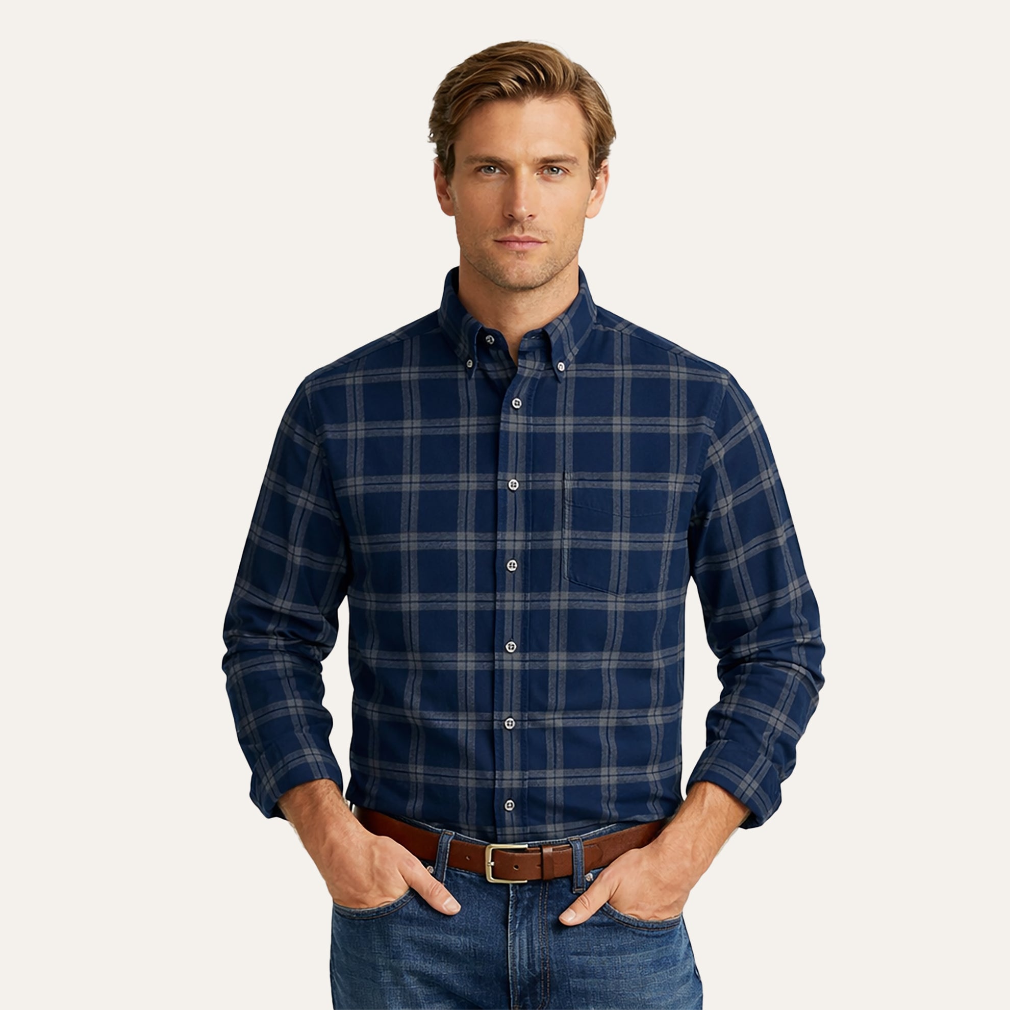 Double Brushed Flannel ShirtNavy Grey Plaid