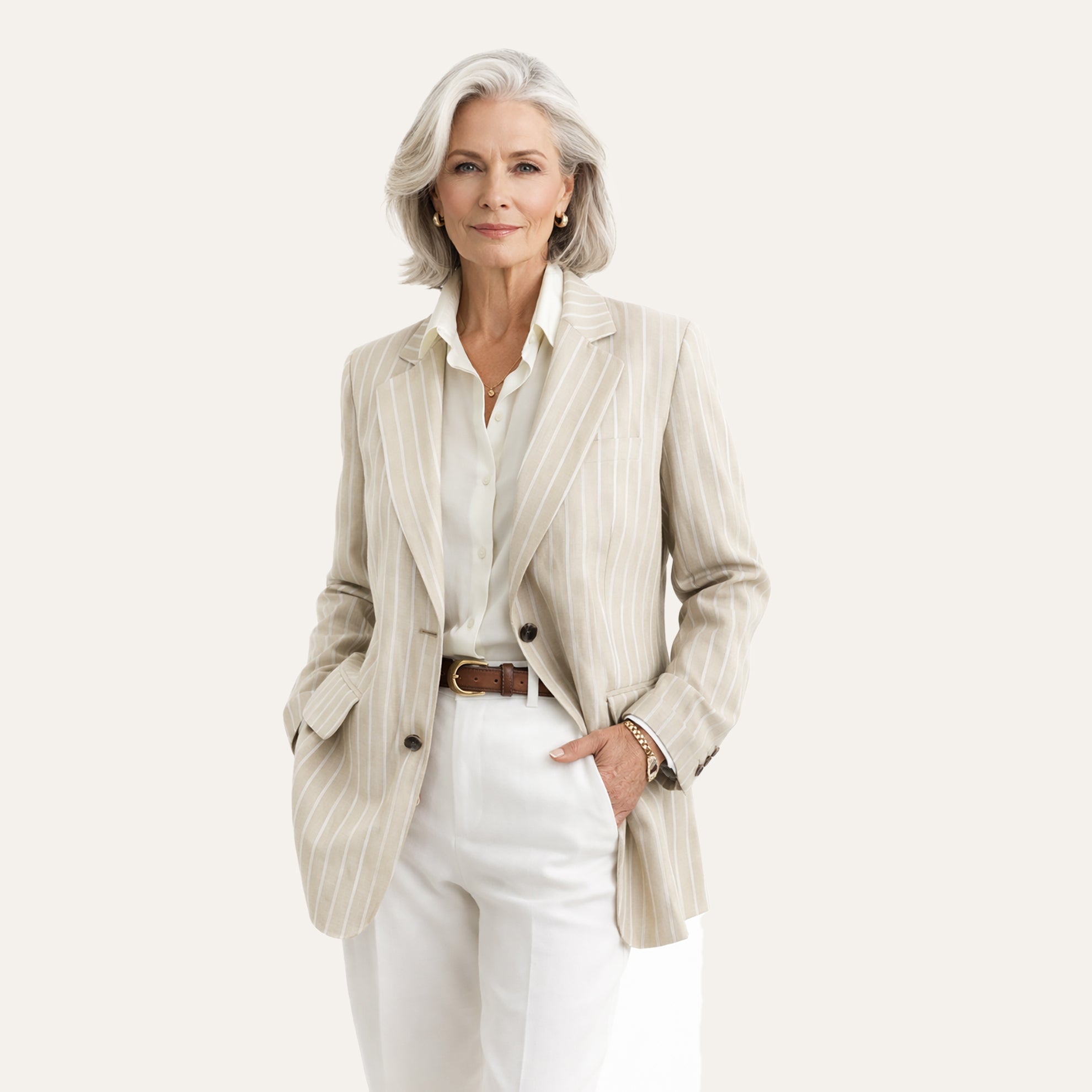 Linen Oversized BlazerKhaki Ivory Stripe