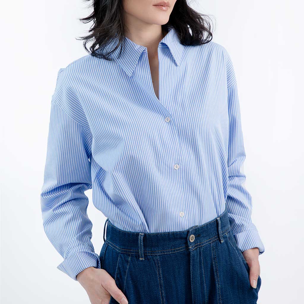 The Grown - Up Cotton Poplin ShirtBlue Microstripe