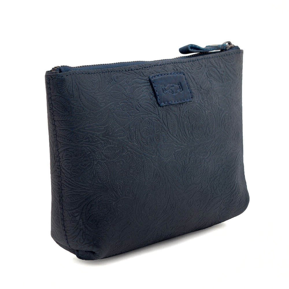 Tooled Leather Large Zippered PouchMidnight Blue