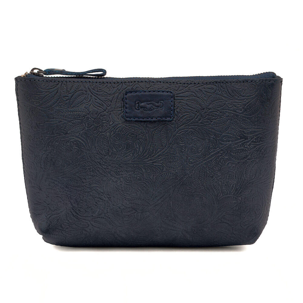 Tooled Leather Large Zippered PouchMidnight Blue