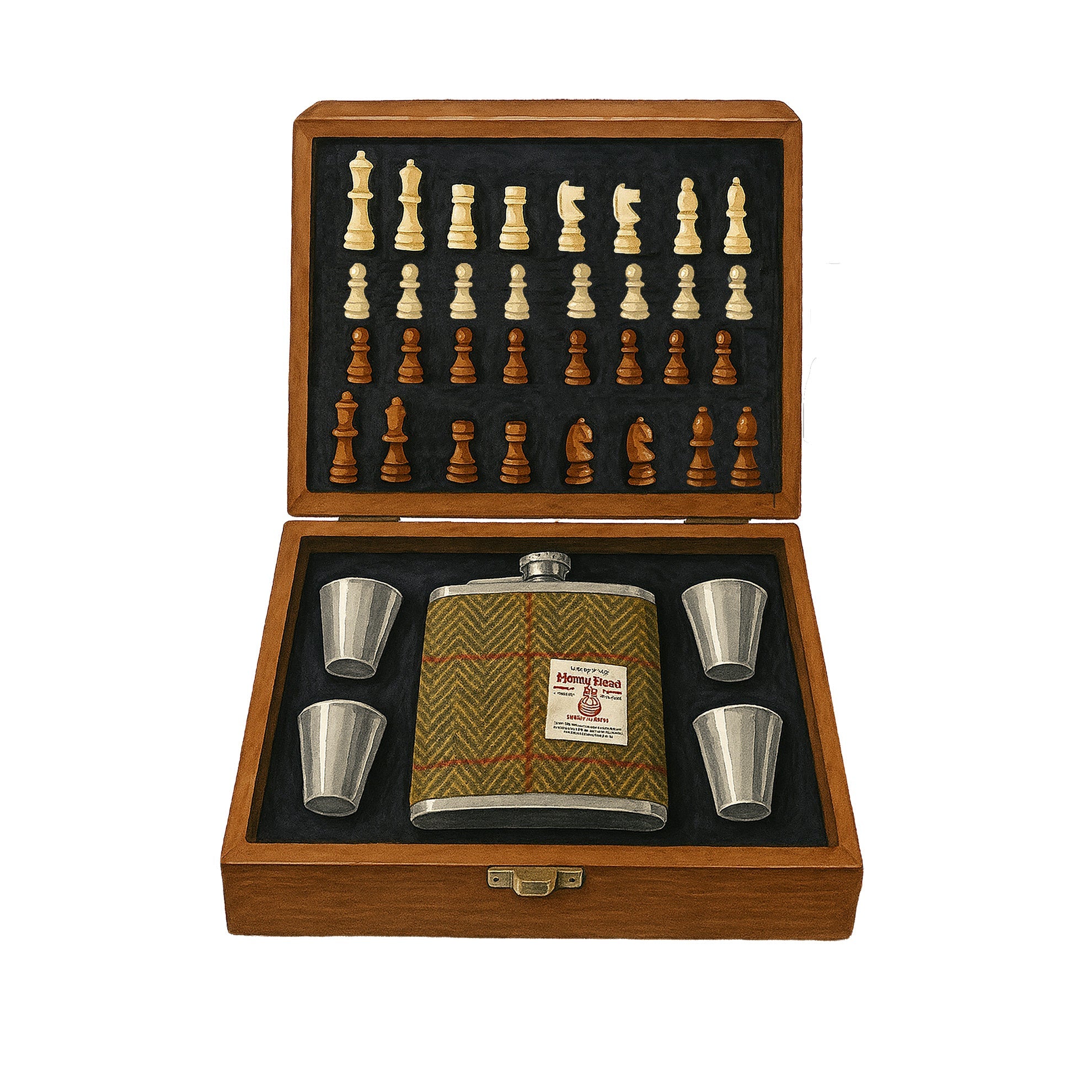 Chess Set with Harris Tweed FlaskBrown Herringbone