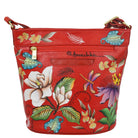 Hand - Painted Cardinals Leather Bucket BagFloral Crimson