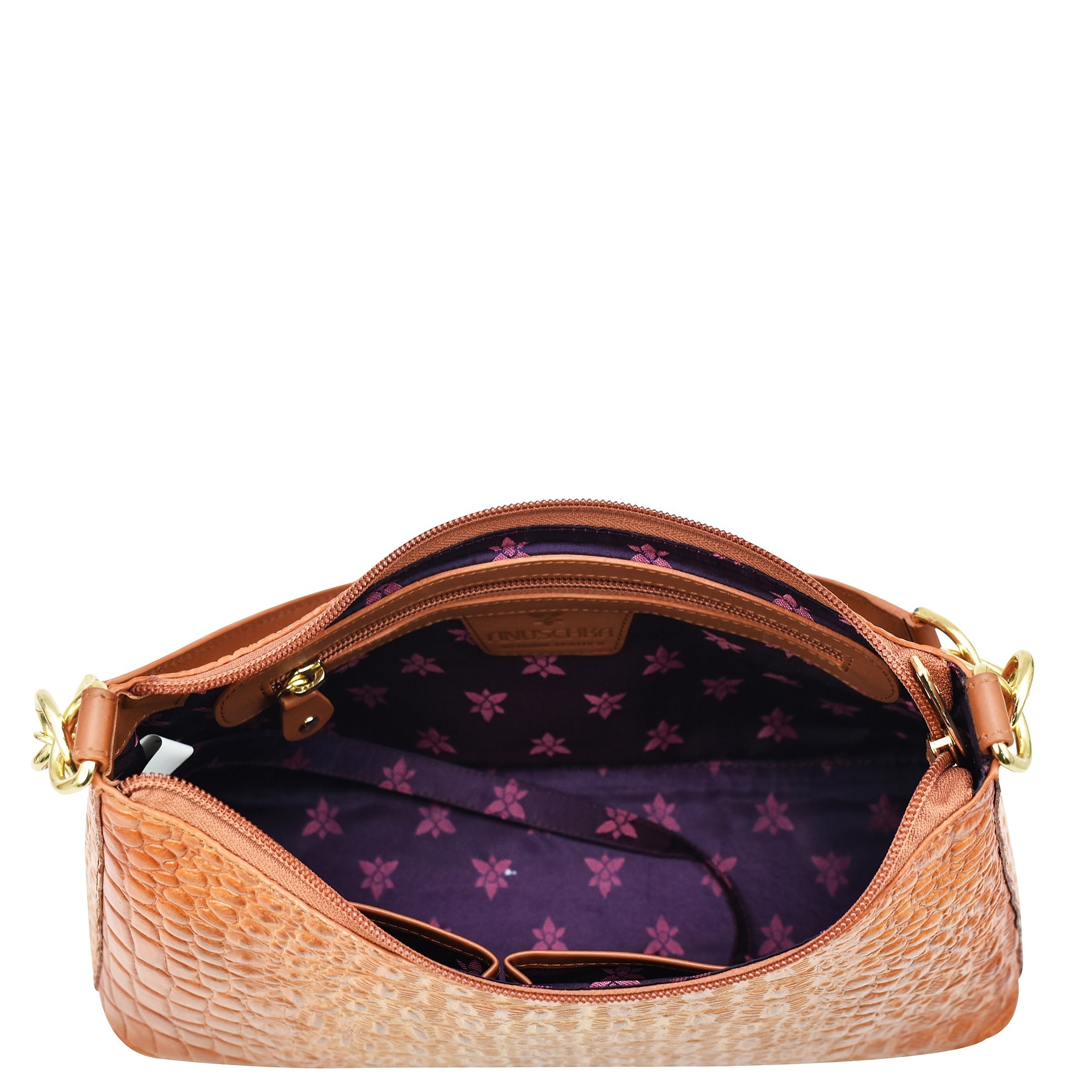 Hand Painted Croc Embossed Hobo with Chain StrapCaramel