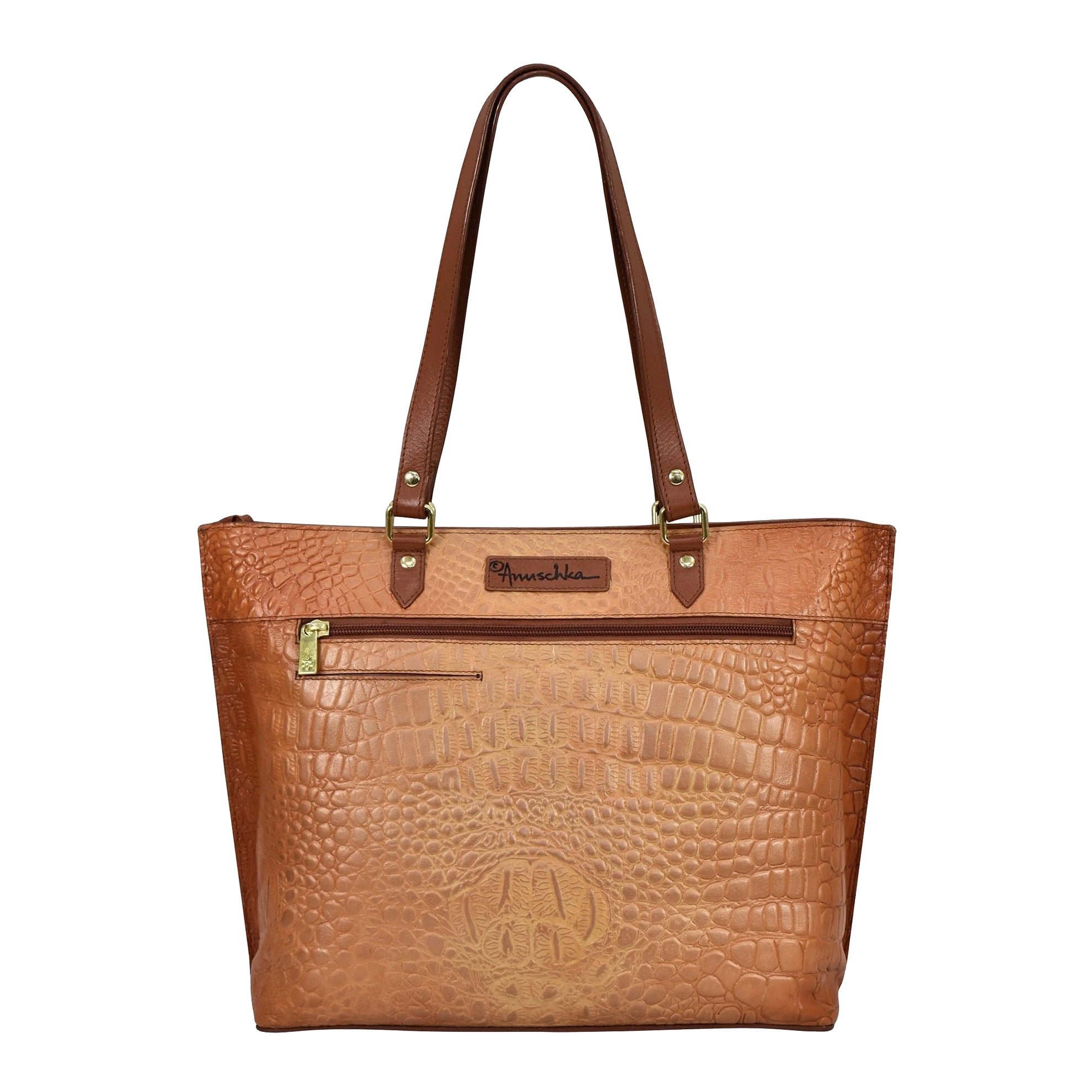 Hand - Painted Croc Embossed ToteCaramel