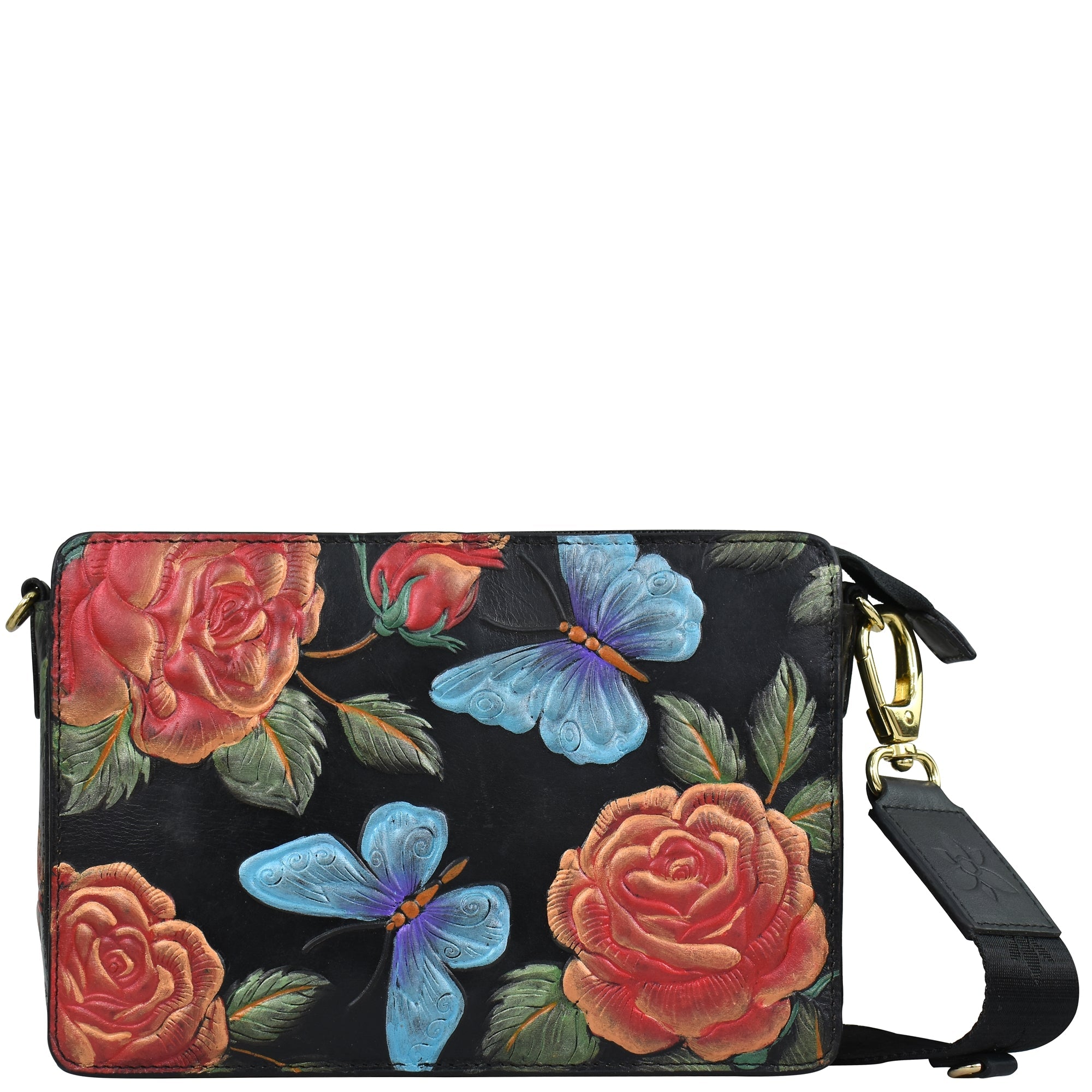 Hand Painted Embossed Triple Compartment CrossbodyRose Black