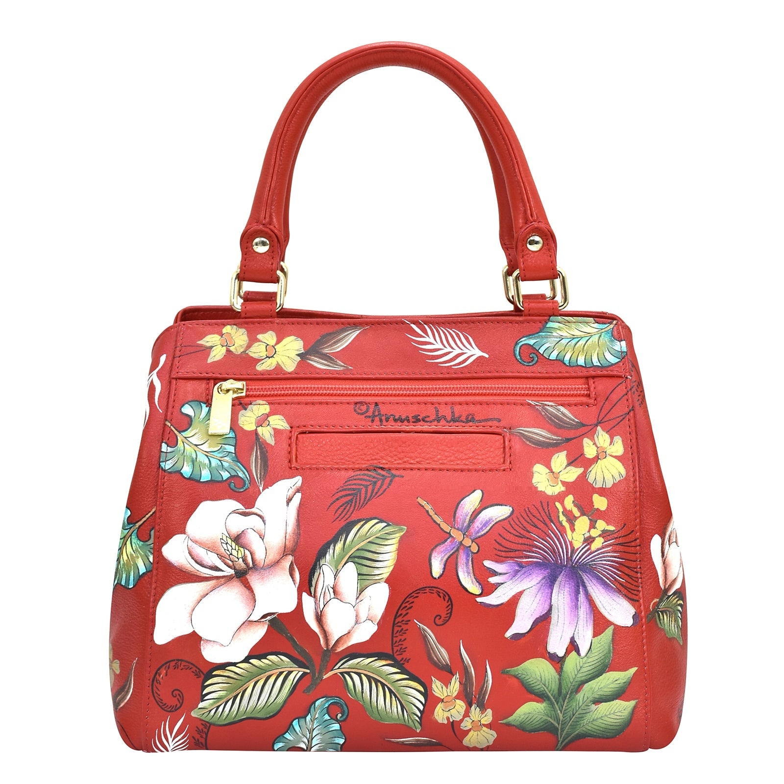 Hand Painted Leather Multi - Compartment SatchelFloral Crimson