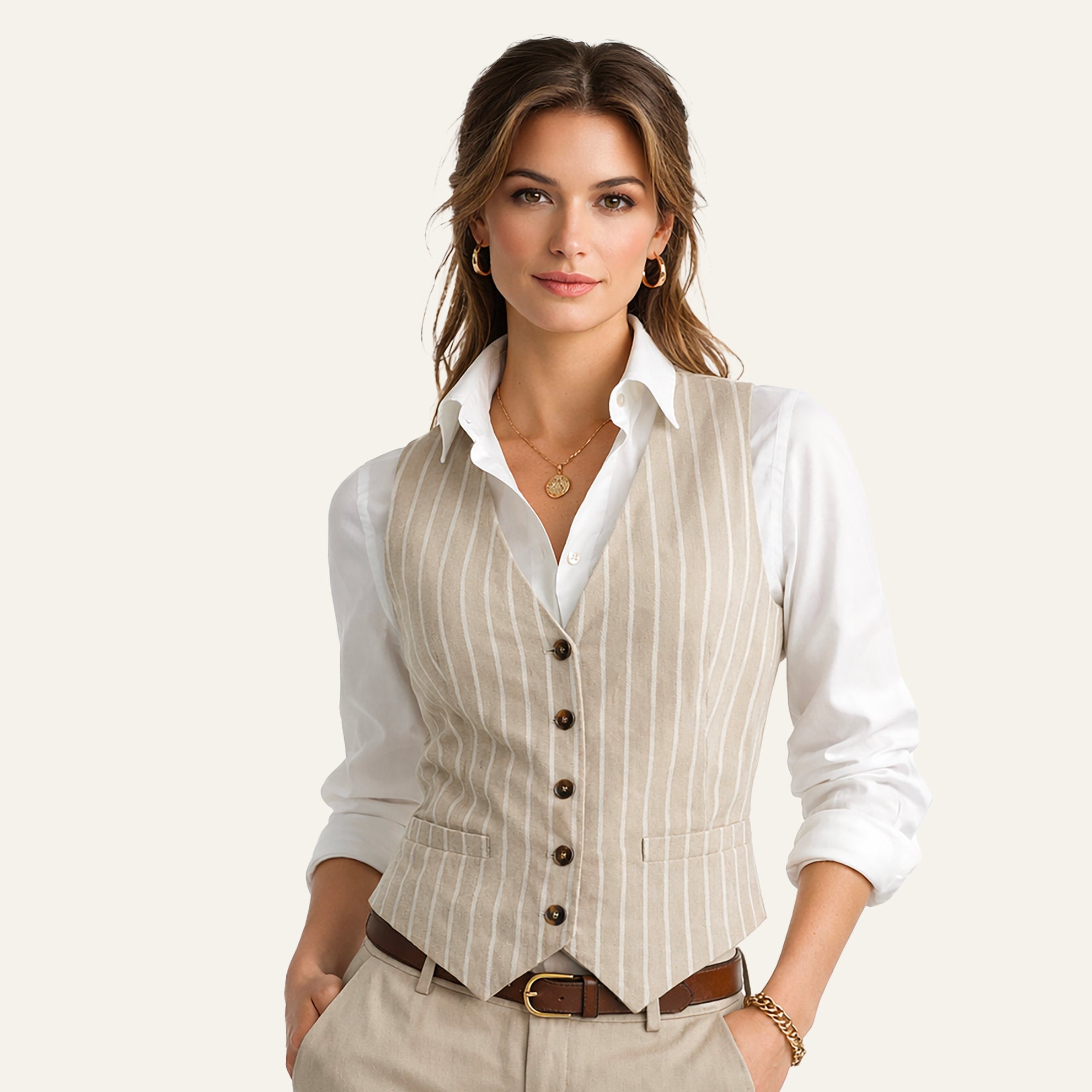 Optimistic Linen VestKhaki Ivory Stripe