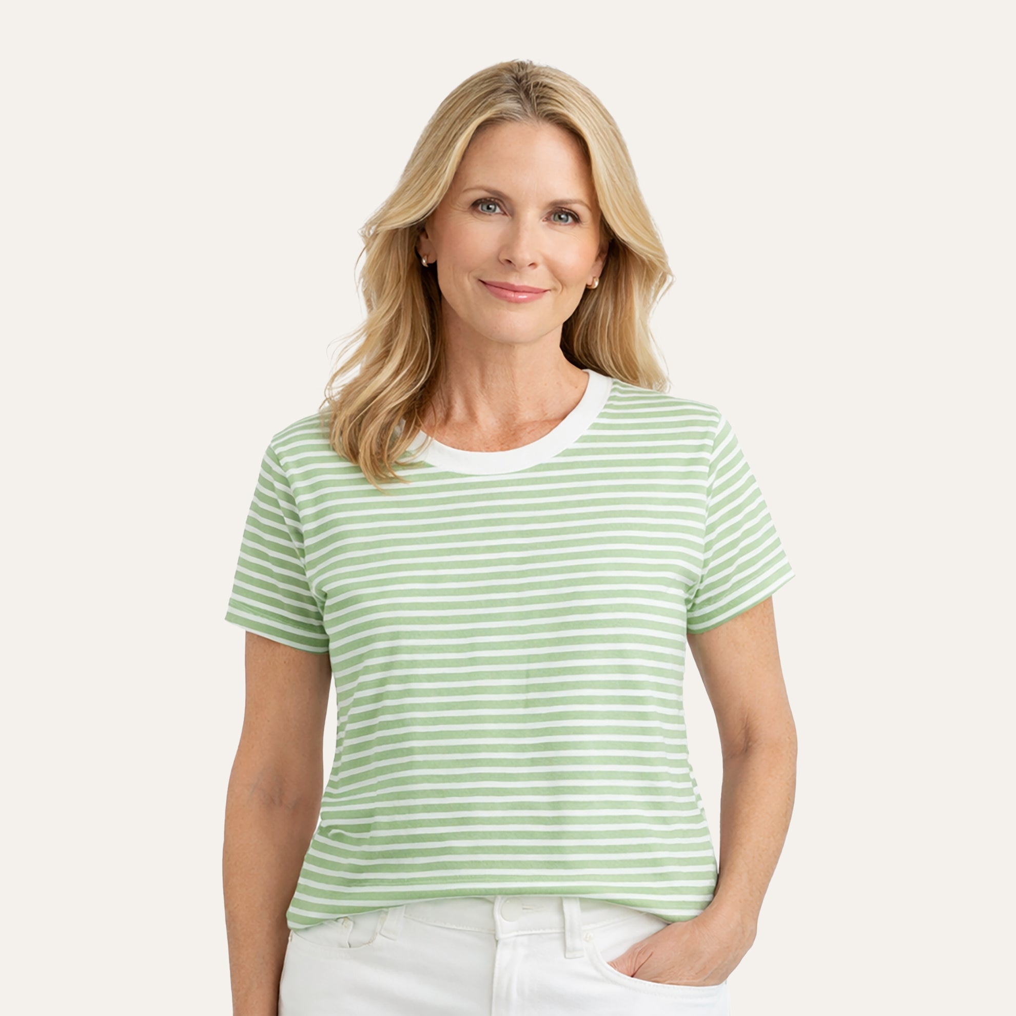 Pima Knit Relaxed CrewGreen Stripe